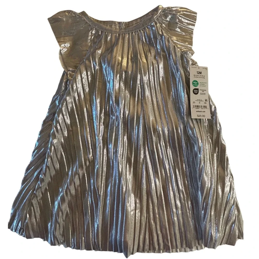 OshKosh B'gosh Girls Silver Metallic Pleated Dress - Size 12M‎ - NWT